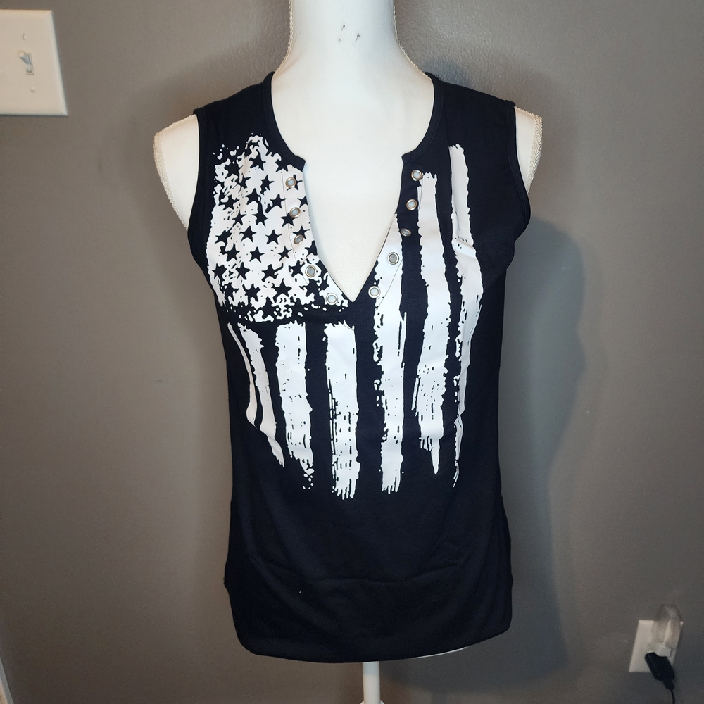 Women's Black Sleeveless Top with American Flag Design
